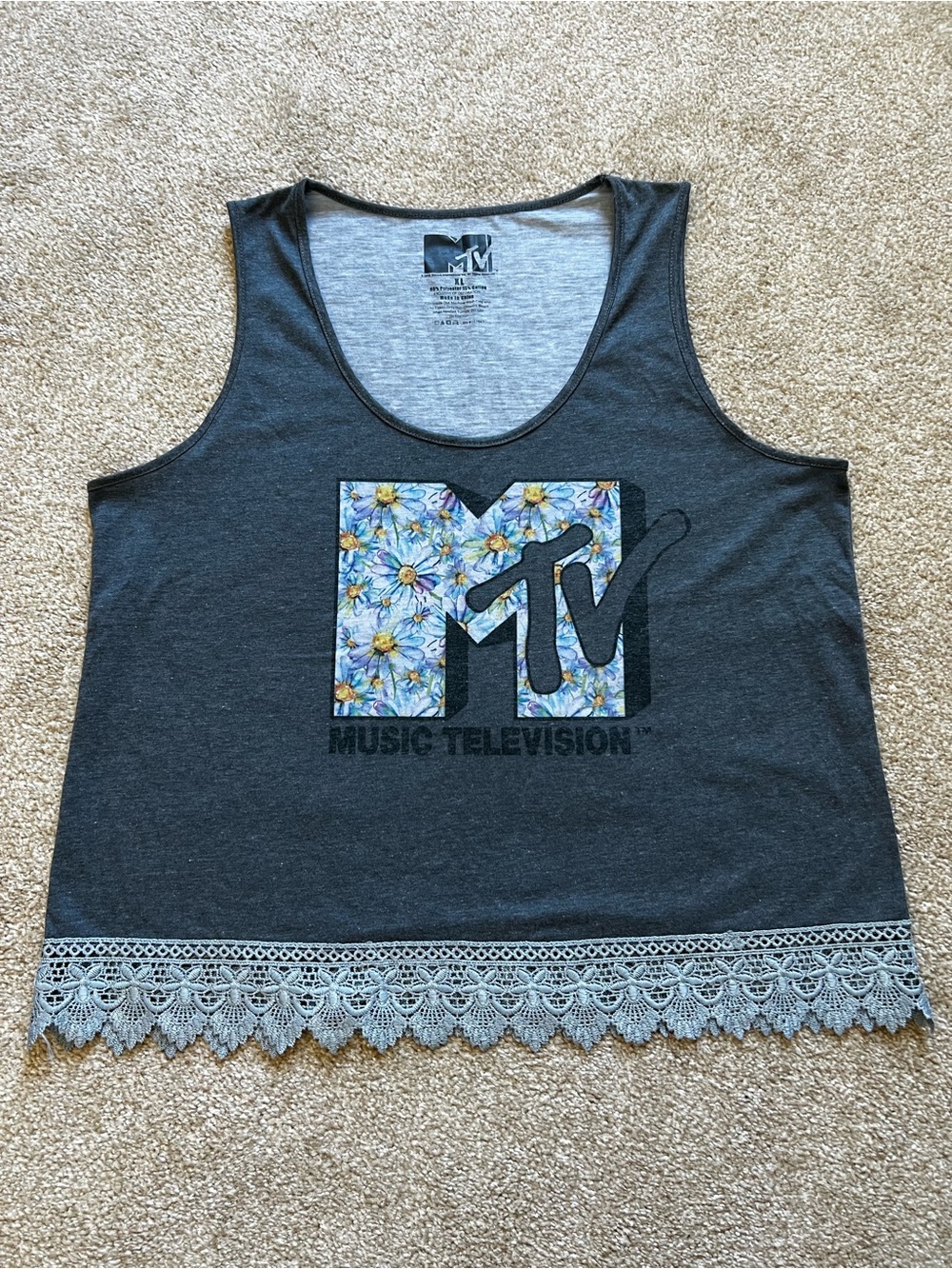 MTV Women's Dark Gray Cropped Tank with Lace Hem